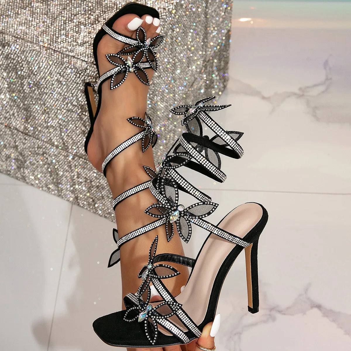 2025 Winter Summer Sexy Elegant Women's Ankle Strap Mid Heel PU Open Toe Rhinestones Flash Bow Snake Wrap Design Thin Heels
