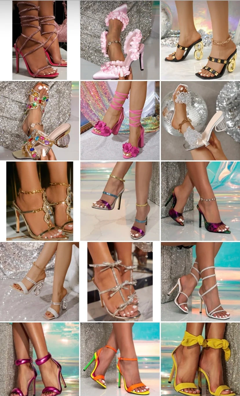 2025 Summer Fashion Stilettos High Heel Lace up Shoes Ladies' Square Toe Rhinestone Braided New Flat Sandals Thick Heel Type