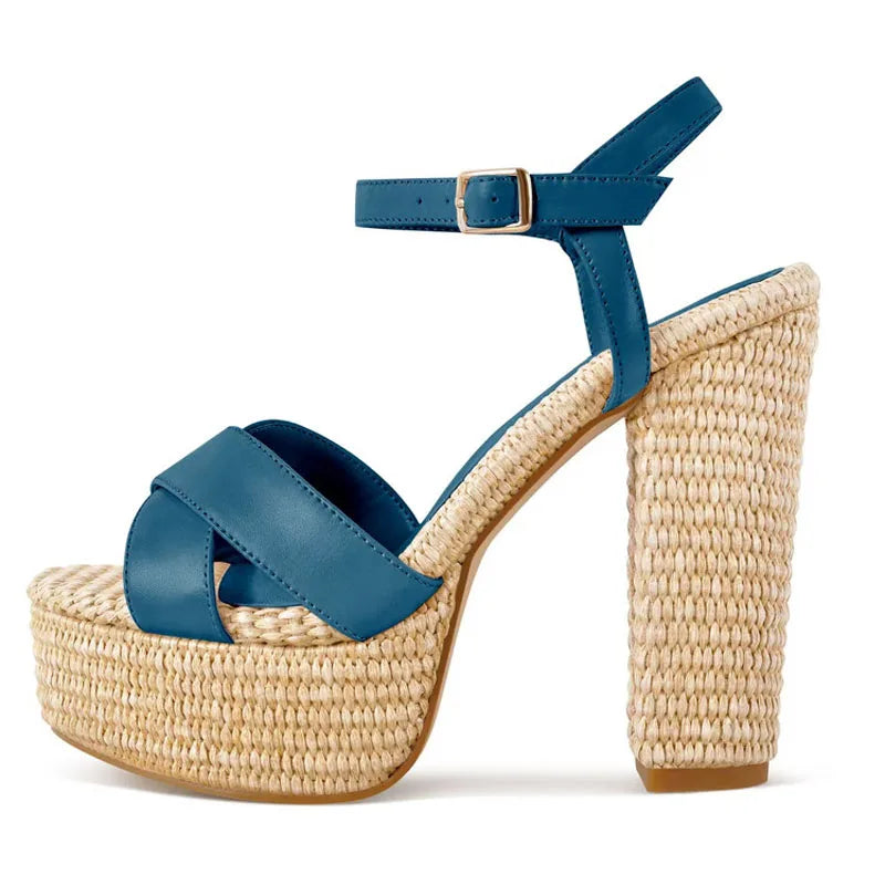 Women High Chunky Heels Fancy Thick Platform Braided Materials Sandals Cross Strap Pumps Big Size 46 Shoes