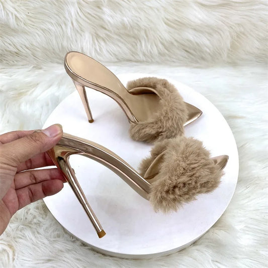 Girls Elegant Sexy Stiletto Furry Slippers Gold Metallic Heels Rabbit Faux Fur Outdoor Summer Private Logo Height Increasing