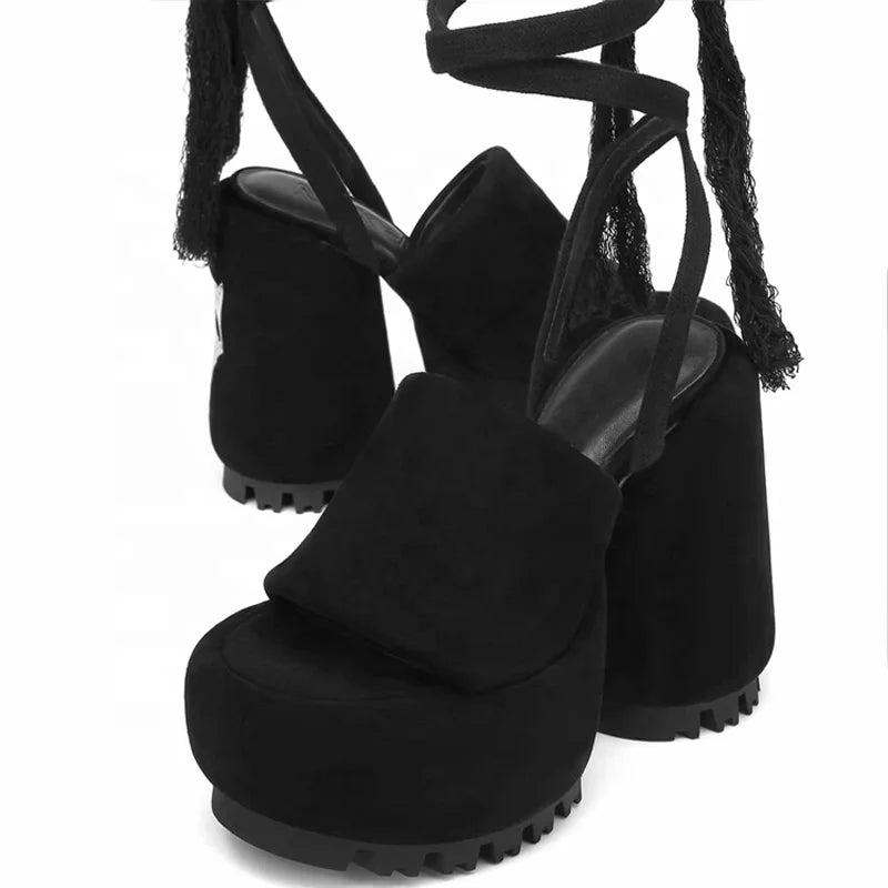 Fringes Ankle Lace up Women High Round Heels Fancy Thick Platform Suede Sandals Open Toe New Design Pumps Shoes