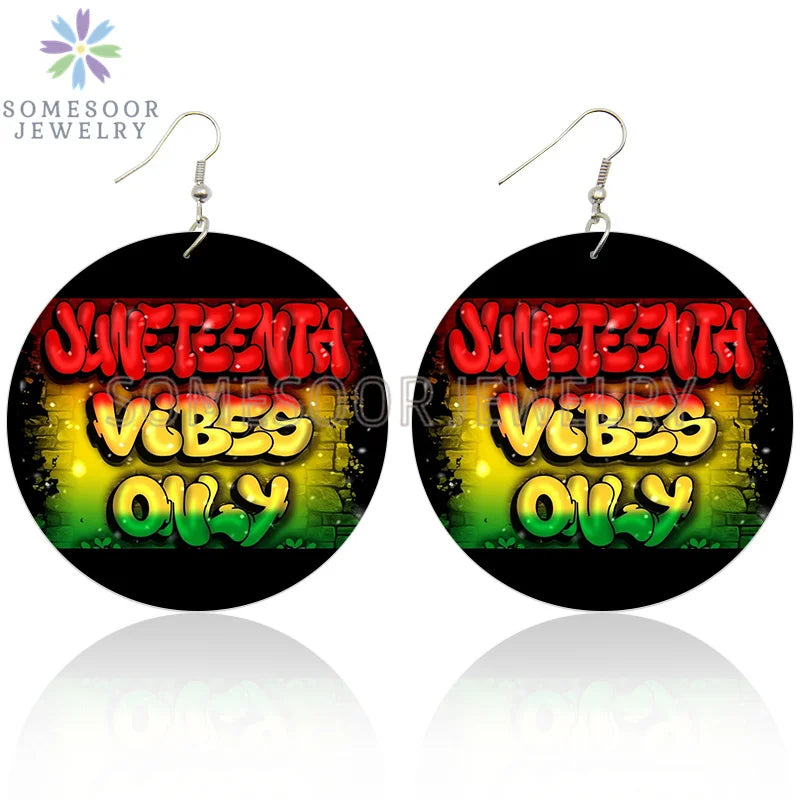 SOMESOOR 6Pairs Juneteenth Vibes Design Wooden Drop Earrings Jewelry For Black Women African Colors Round Pendant Loops Dangle