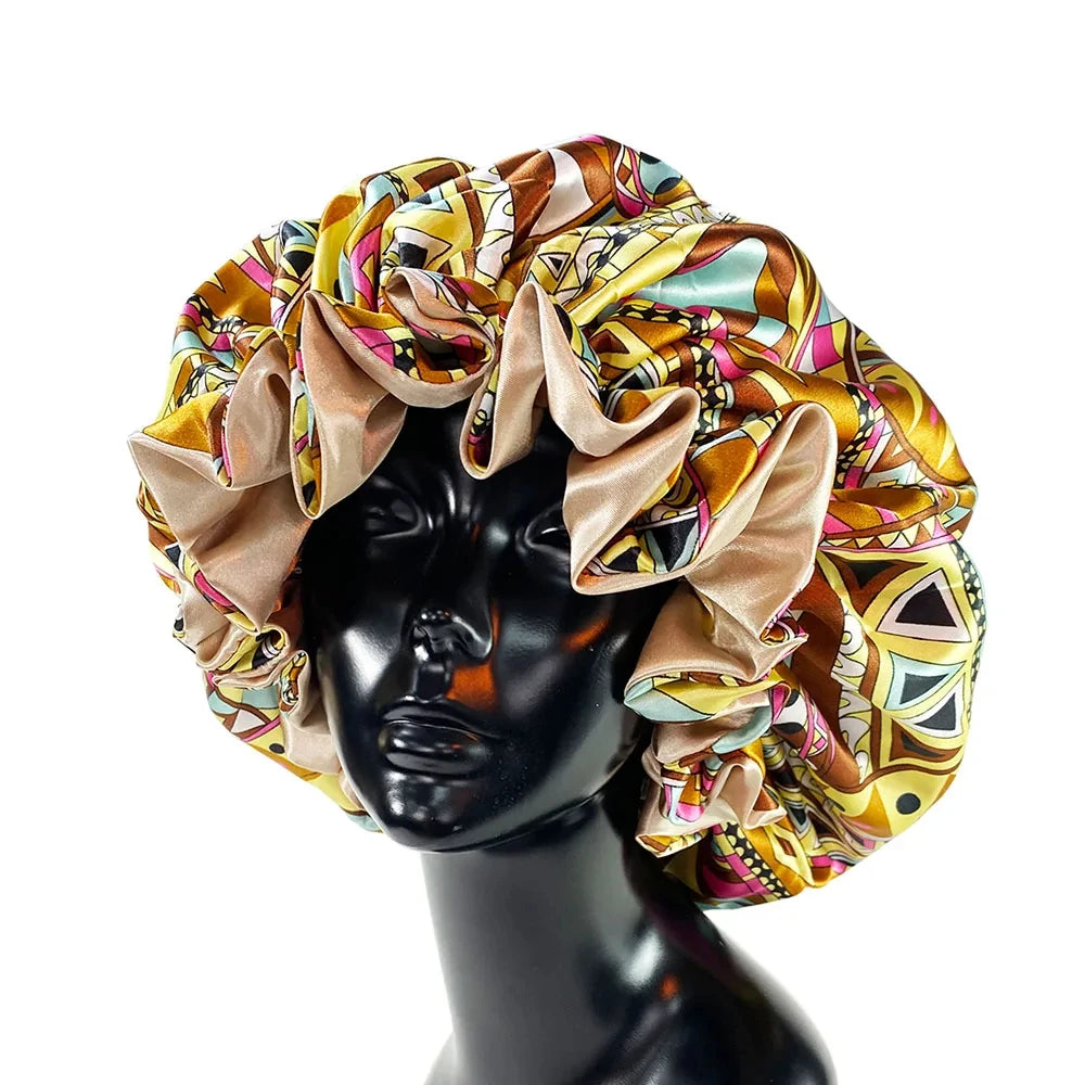 Silky Satin Bonnet Women Sleeping Cap Large Reversible Satin Linned Night Sleep Headwrap Hat Hair Wrap Accessories