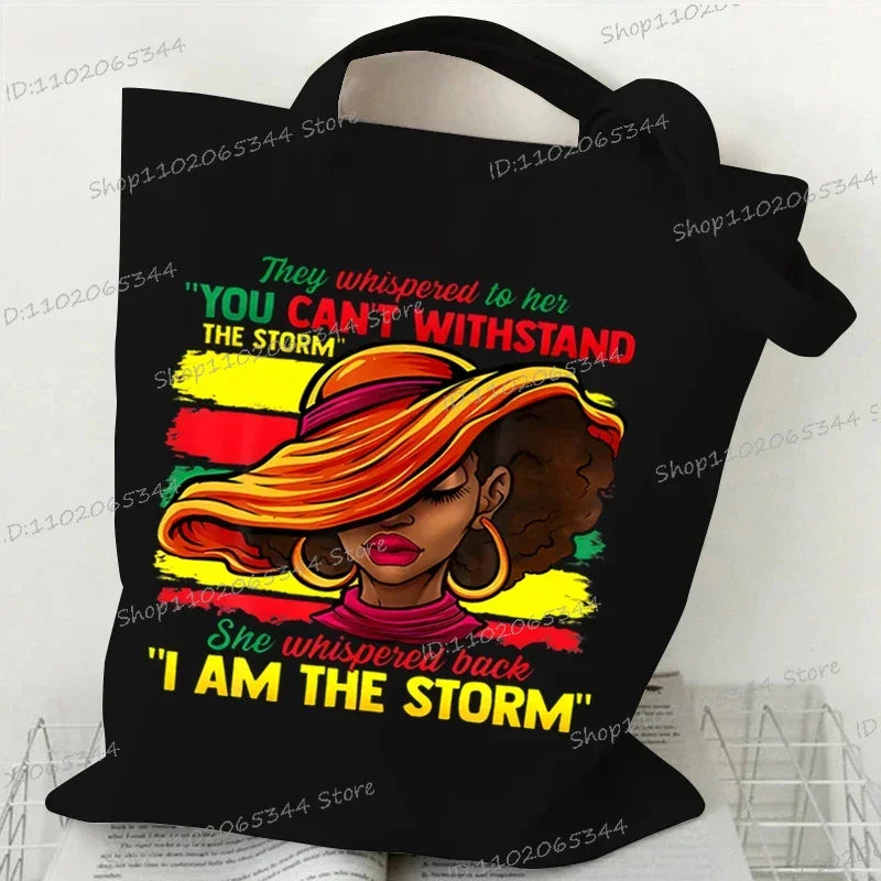 "Juneteenth Is My Independence Day" Women's Canvas Tote Bag Black Girl Cartoon Shopping Bag Black History Culture Shoulder Bag