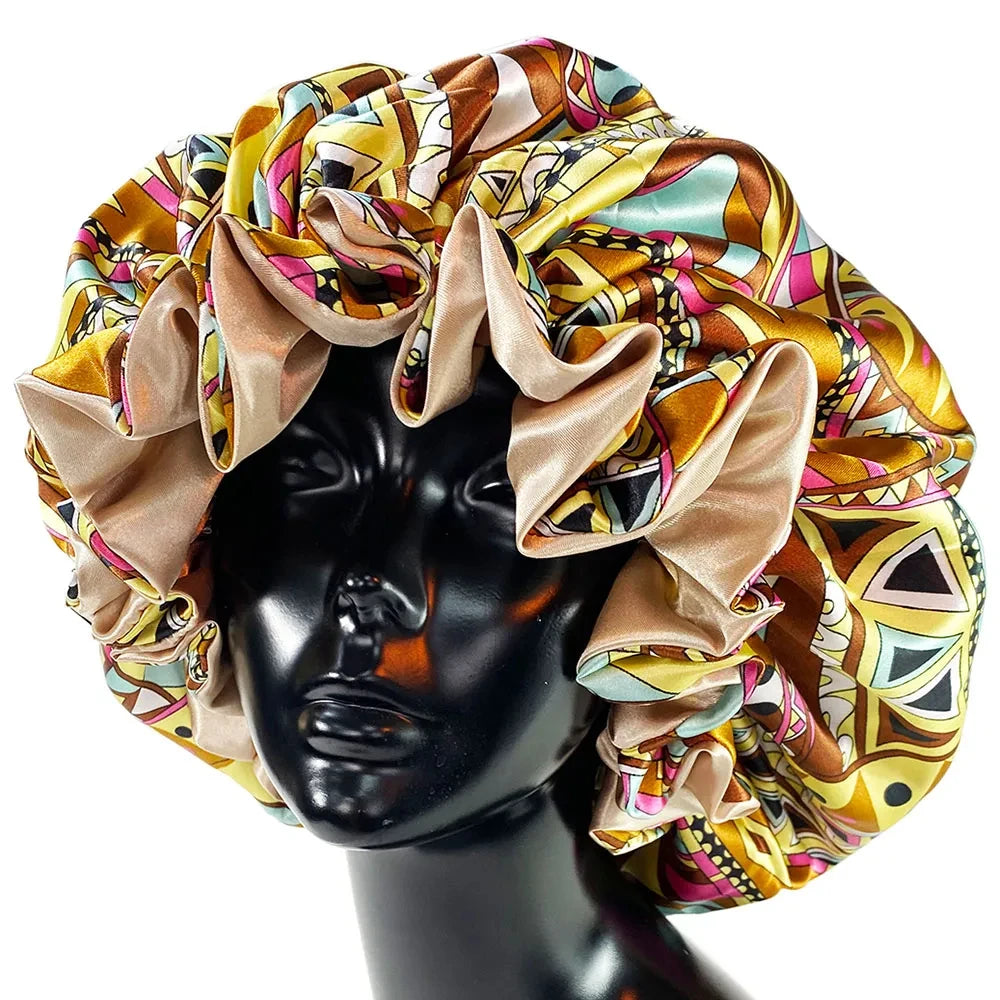 Silky Satin Bonnet Women Sleeping Cap Large Reversible Satin Linned Night Sleep Headwrap Hat Hair Wrap Accessories