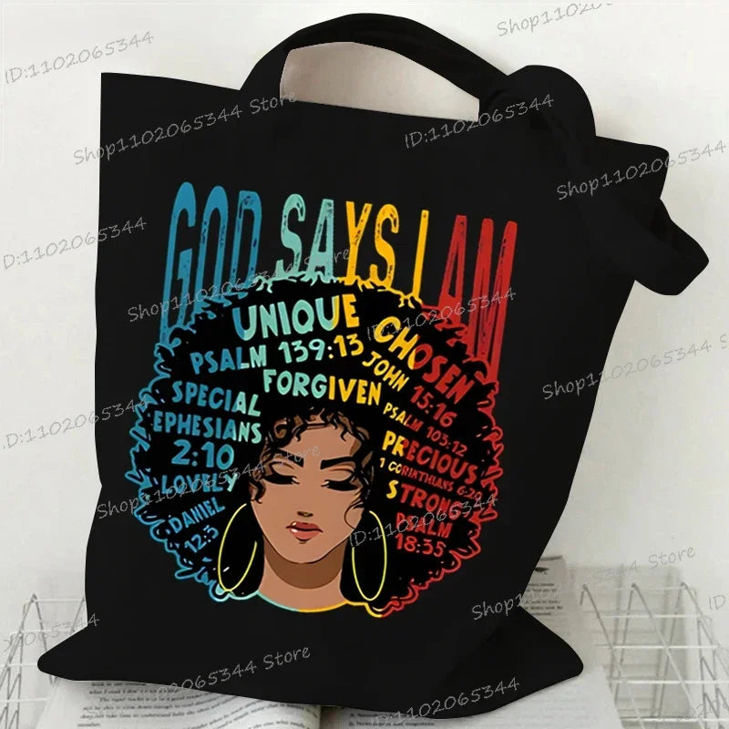 "Juneteenth Is My Independence Day" Women's Canvas Tote Bag Black Girl Cartoon Shopping Bag Black History Culture Shoulder Bag