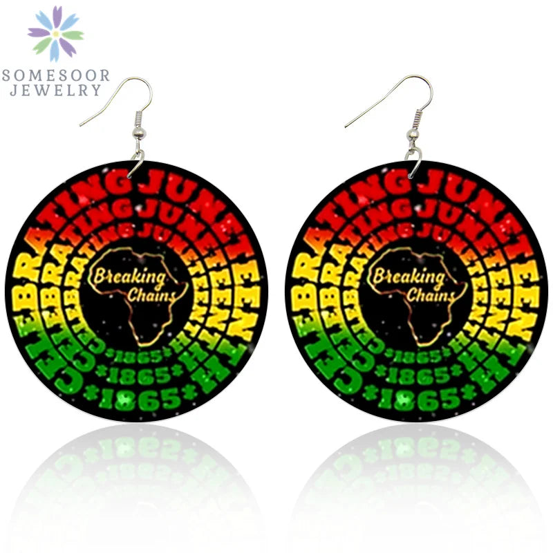 SOMESOOR 6Pairs Juneteenth Vibes Design Wooden Drop Earrings Jewelry For Black Women African Colors Round Pendant Loops Dangle