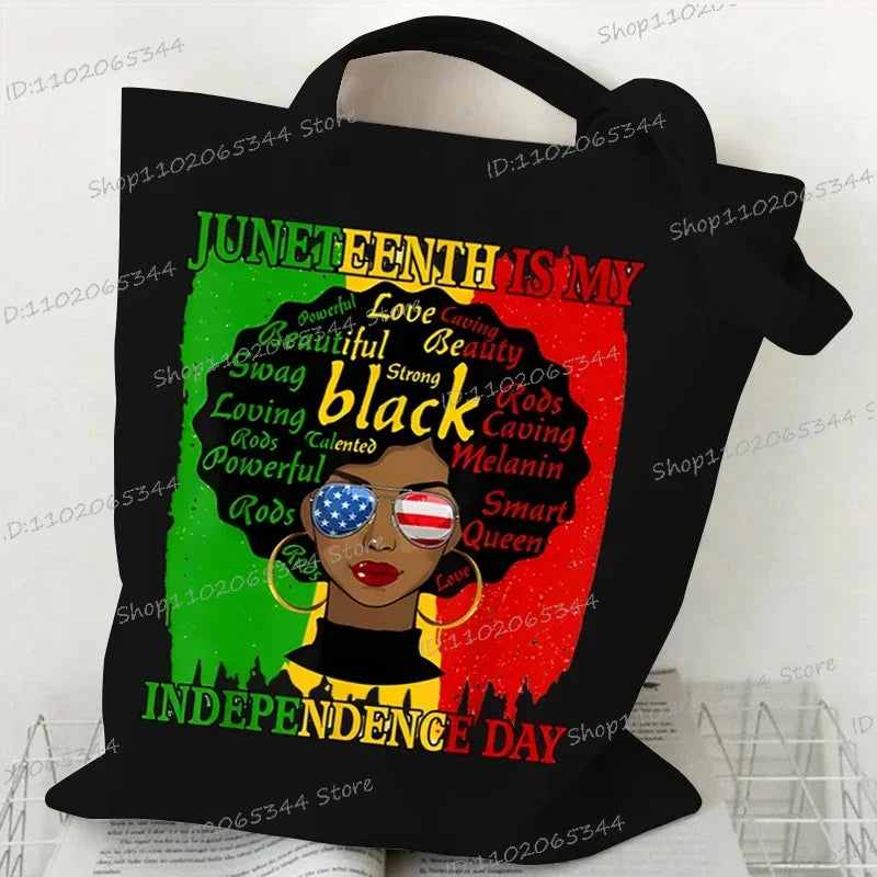 "Juneteenth Is My Independence Day" Women's Canvas Tote Bag Black Girl Cartoon Shopping Bag Black History Culture Shoulder Bag
