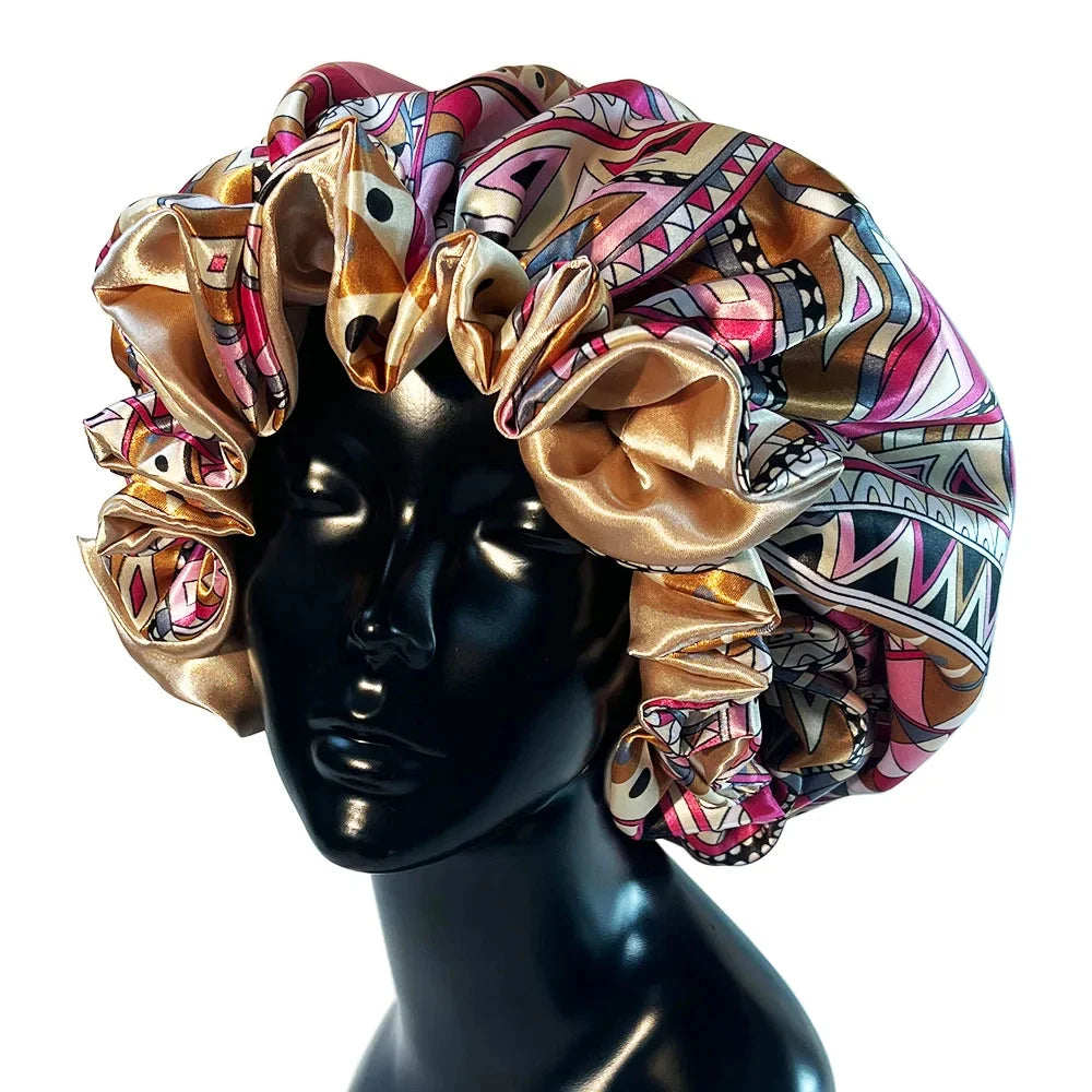Silky Satin Bonnet Women Sleeping Cap Large Reversible Satin Linned Night Sleep Headwrap Hat Hair Wrap Accessories