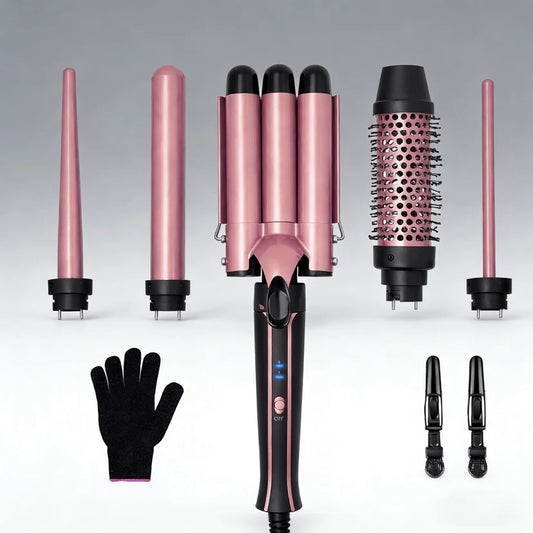 Curling Iron Set 6-in-1 Hair Curler with 3 Barrel Hair Crimper, Hair Straightener - Waver Heating Styling Tools for Women