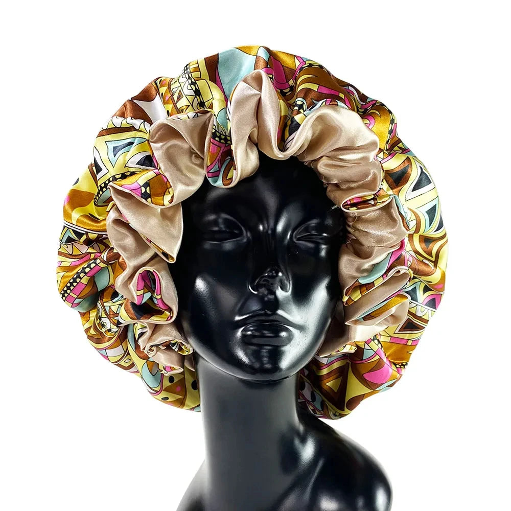 Silky Satin Bonnet Women Sleeping Cap Large Reversible Satin Linned Night Sleep Headwrap Hat Hair Wrap Accessories