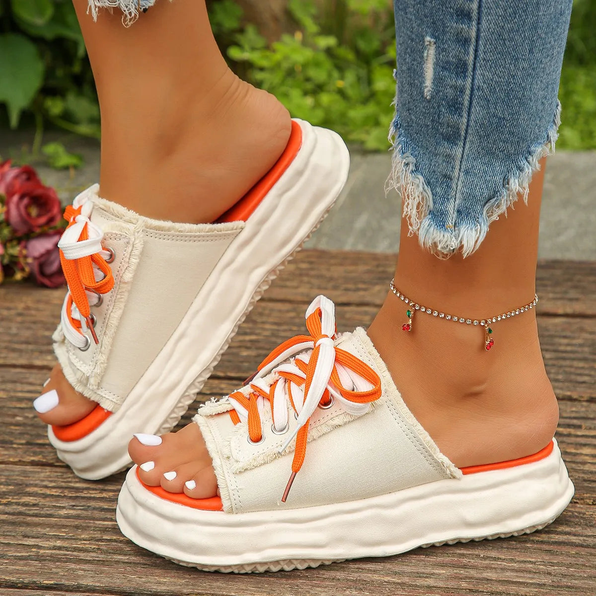 Women Slippers 2024 New Summer Fashion Flats Platform Shoes Casual Lace Up Sandals Designer Flip Flops Zapatos De Mujer Slides