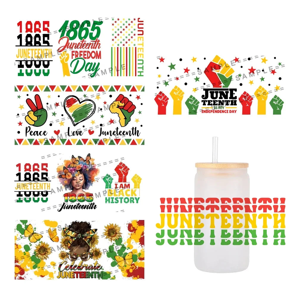 24x11cm Juneteenth 3D UV DTF Wraps Transfer Sticker DIY For 16oz Libbey Glass Cup Waterproof Wrap Transfers Decals Coffee Cup