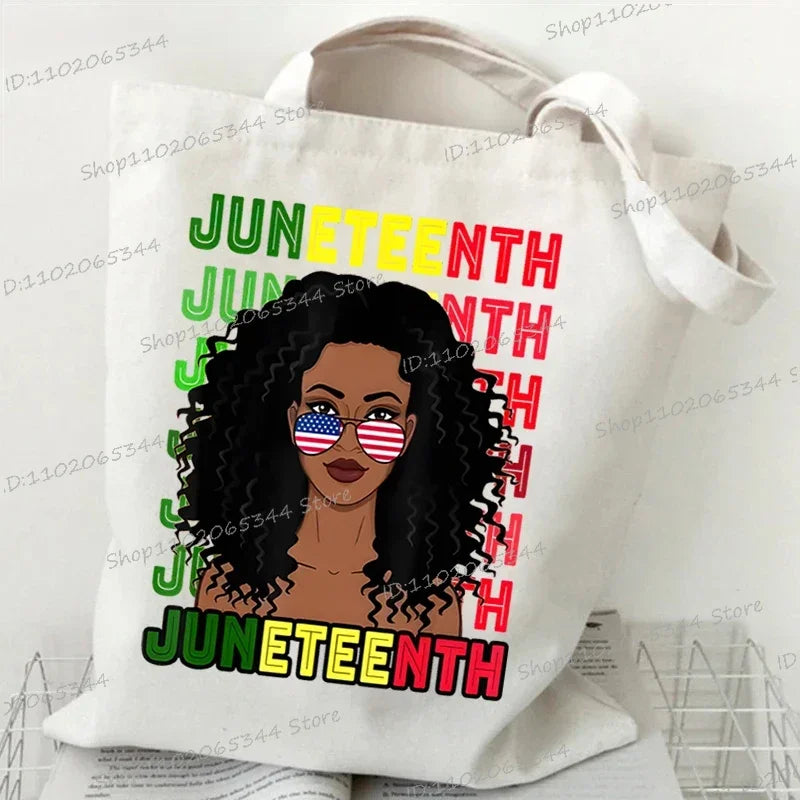 "Juneteenth Is My Independence Day" Women's Canvas Tote Bag Black Girl Cartoon Shopping Bag Black History Culture Shoulder Bag