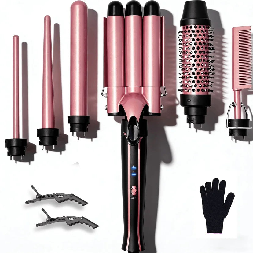 Curling Iron Set 6-in-1 Hair Curler with 3 Barrel Hair Crimper, Hair Straightener - Waver Heating Styling Tools for Women