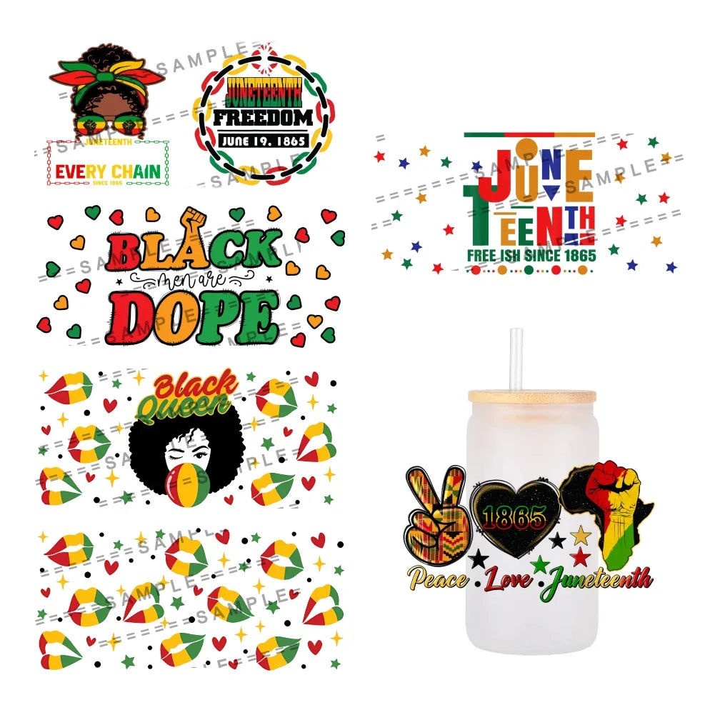 24x11cm Juneteenth 3D UV DTF Wraps Transfer Sticker DIY For 16oz Libbey Glass Cup Waterproof Wrap Transfers Decals Coffee Cup