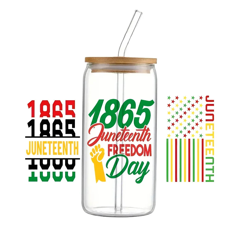 24x11cm Juneteenth 3D UV DTF Wraps Transfer Sticker DIY For 16oz Libbey Glass Cup Waterproof Wrap Transfers Decals Coffee Cup