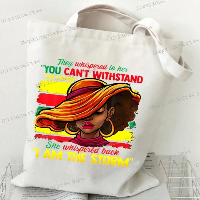 "Juneteenth Is My Independence Day" Women's Canvas Tote Bag Black Girl Cartoon Shopping Bag Black History Culture Shoulder Bag