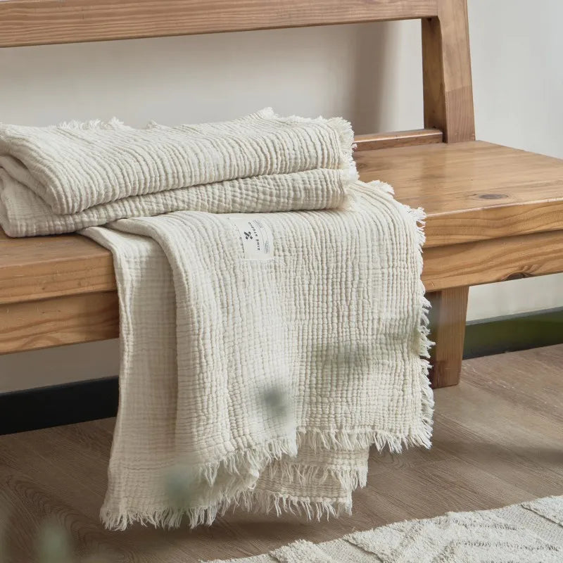 Maillard Cotton Blankets Four Layers Of Gauze Sofa Cover Blanket With Tassel AB Side Office Nap Decorative Bed Muslin Blanket